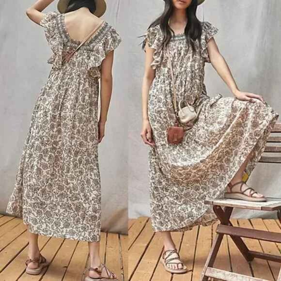 FREE PEOPLE BONITA MIDI DRESS FLORAL TEA COMBO BLUSH BEIGE BLACK L NWT - Picture 2 of 12